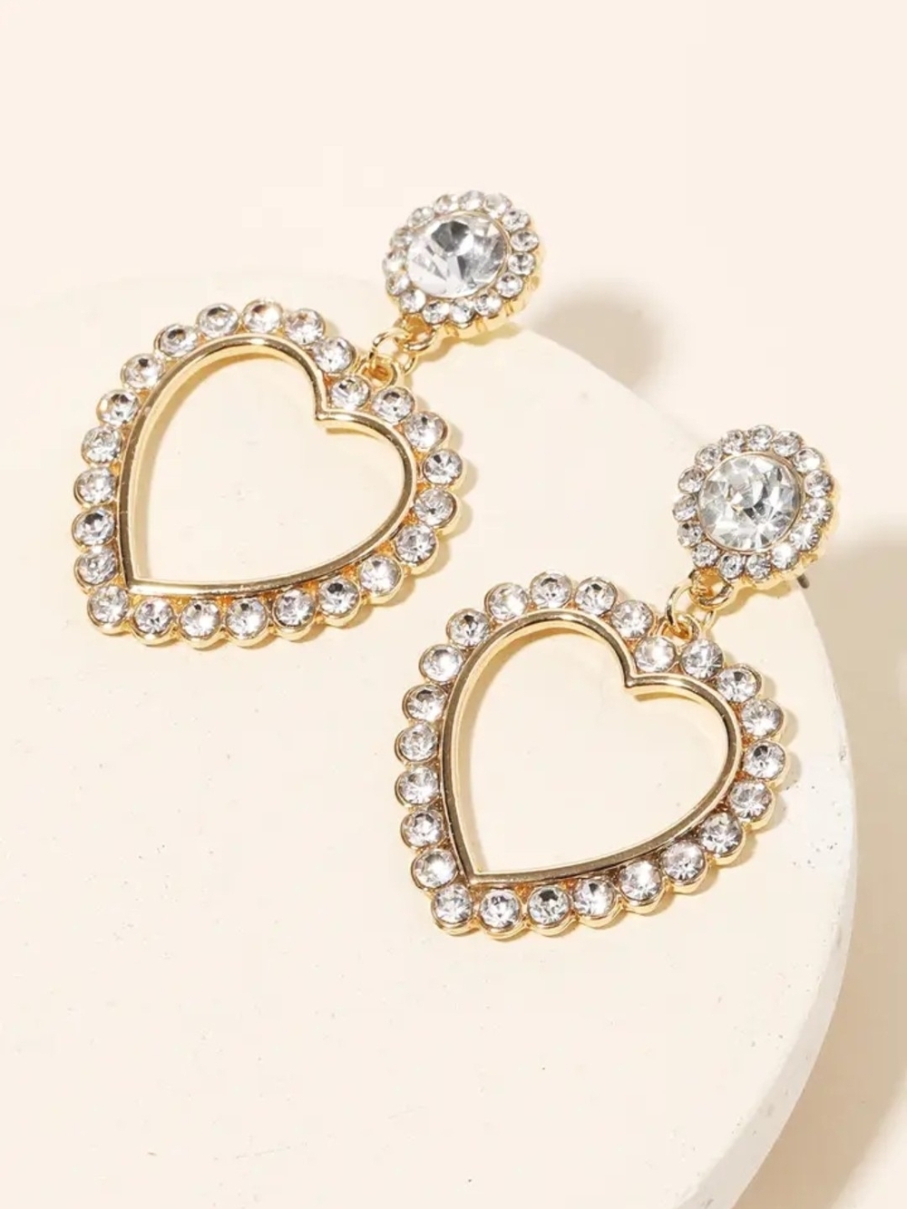 Gold Heart Drop Earrings with Clear Crystals